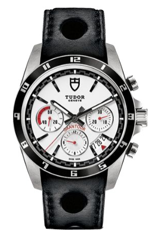 Replica Tudor GranTour Chronograph Series 20530N Black leather strap with large perforations