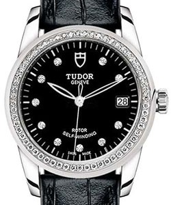 Replica Tudor Glamour Date Series 55020 Shiny black leather strap