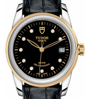 replica tudor glamour date series 55003 shiny black leather strap watches